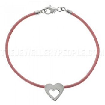 Little Silver Heart & Pink Leather Bracelet
