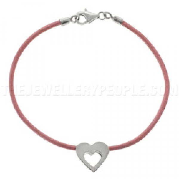 Little Silver Heart & Pink Leather Bracelet