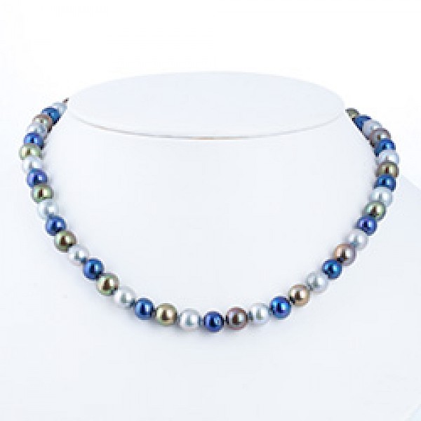 Mixed Blue Silver Pearl Necklace - 8mm wide - 18" long