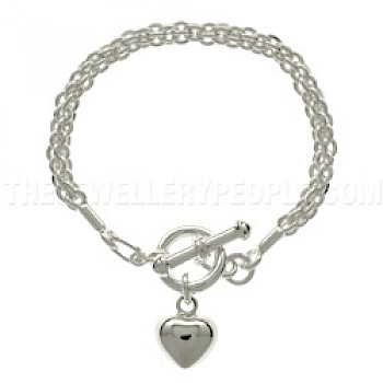 Polished Silver Rope Bracelet with Heart Charm