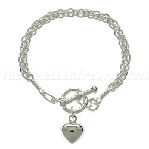 Polished Silver Rope Bracelet with Heart Charm