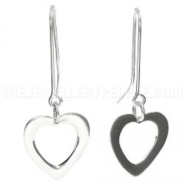 Open Heart Drop Silver Earrings - 42mm Long