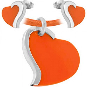 Orange Heart Earrings & Suede Necklace Set