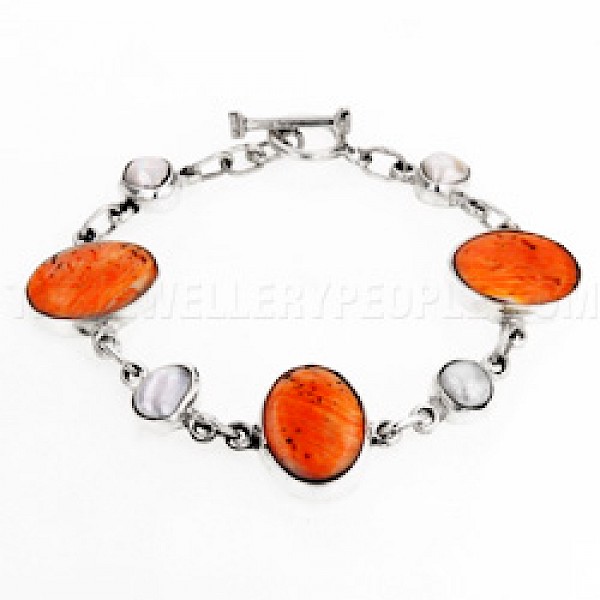 Orange Spiny Oyster & Pearl Silver Bracelet - SL135