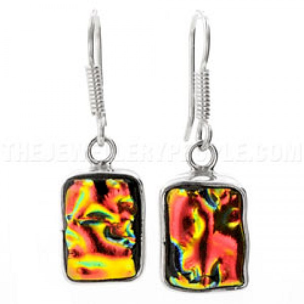 Orange Rippled Dichroic Glass & Silver Rectangular Earrings