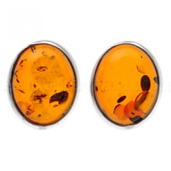 Oval Amber & Silver Stud Earrings - 10mm