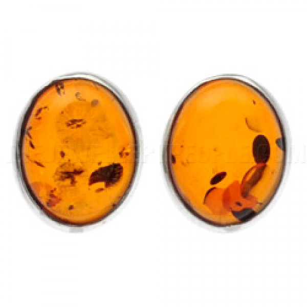 Oval Amber & Silver Stud Earrings - 10mm