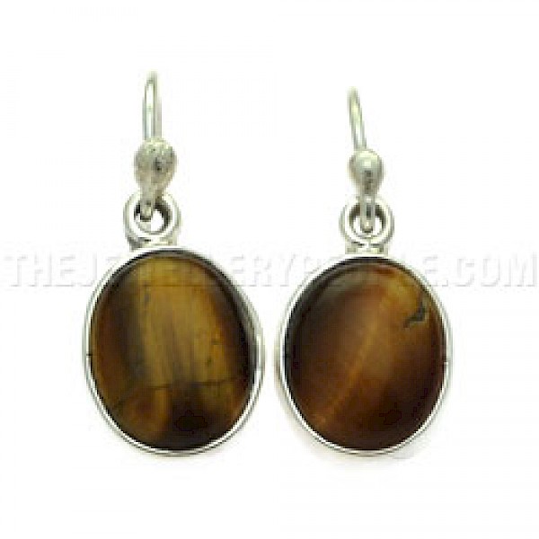 Oval Tiger Eye Silver Earrings - 25mm long