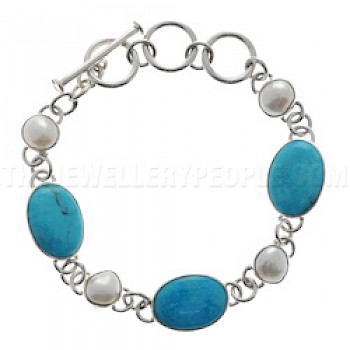 Oval Turquoise & Pearl Silver Bracelet