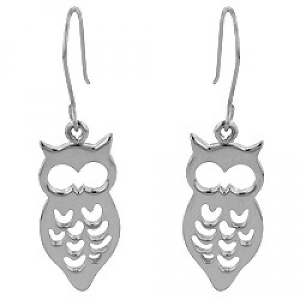 Owl Silver Drop Earrings - 42mm Long