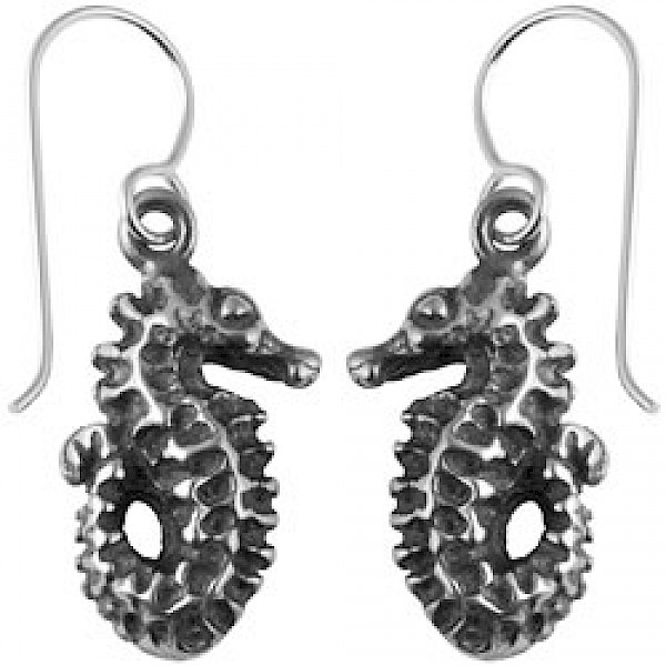 Oxidised 5mm Solid Silver Seahorse Earrings - 35mm Long