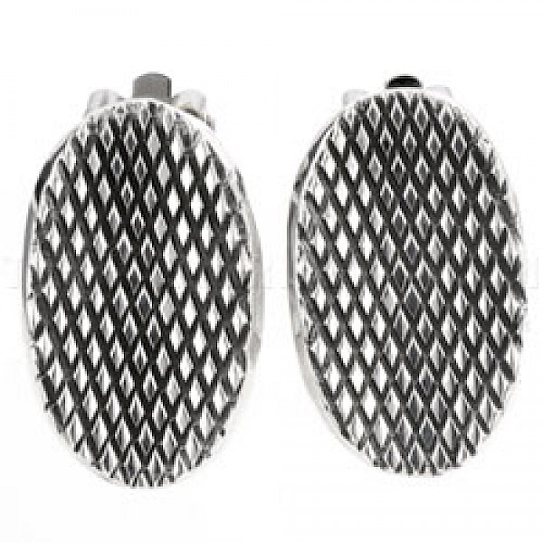 Oxidised Diamond Curved Oval Clip-On Silver Earrings - 24mm