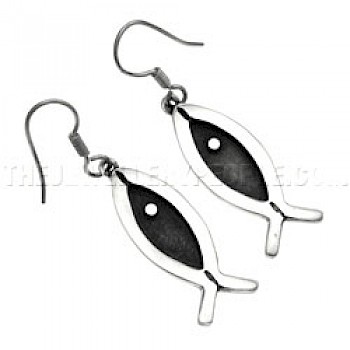 Oxidised Flat Ichthus Fish Silver Earrings