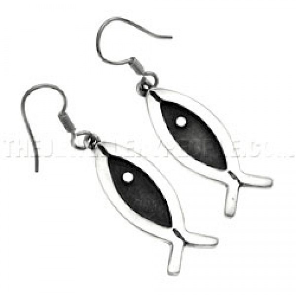 Oxidised Flat Ichthus Fish Silver Earrings