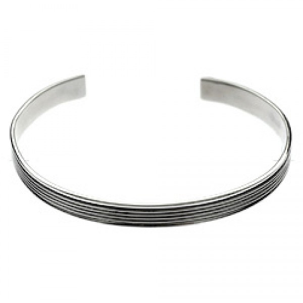 Oxidised Lines Silver Bangle - Unisex - 6mm Wide