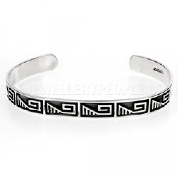 Oxidised Mayan Open Silver Bangle - 8mm Wide