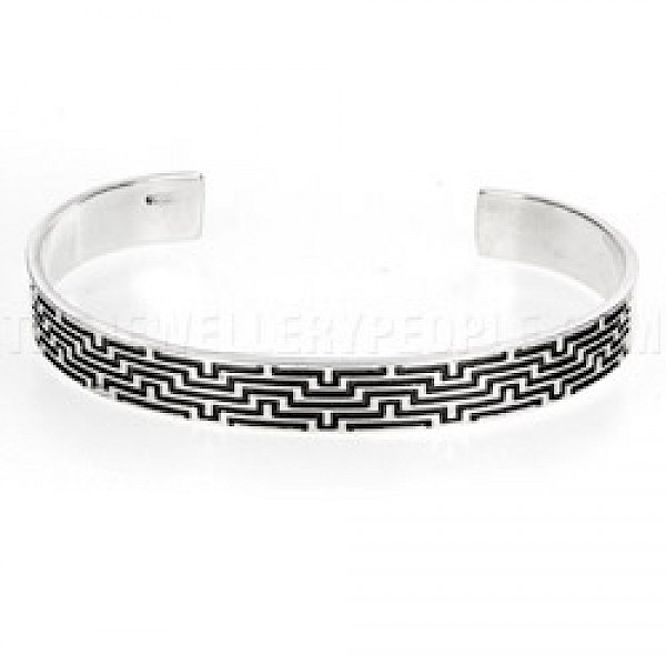 Oxidised Maze Open Silver Bangle - 9mm Wide