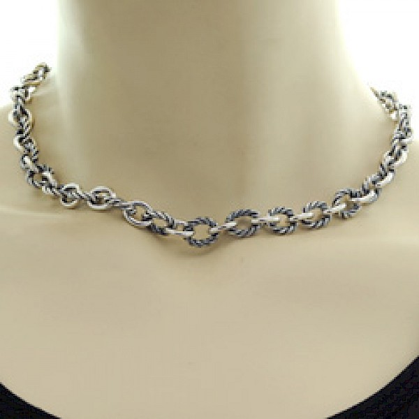 Oxidised Silver Oval Rope T-Bar Necklace - 17" long