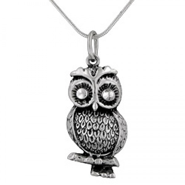 Oxidised Silver Owl Pendant - 38mm Long - AL094
