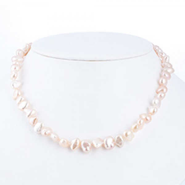 Pale Pink Baroque Silver Pearl Necklace - 8mm wide - 18" long