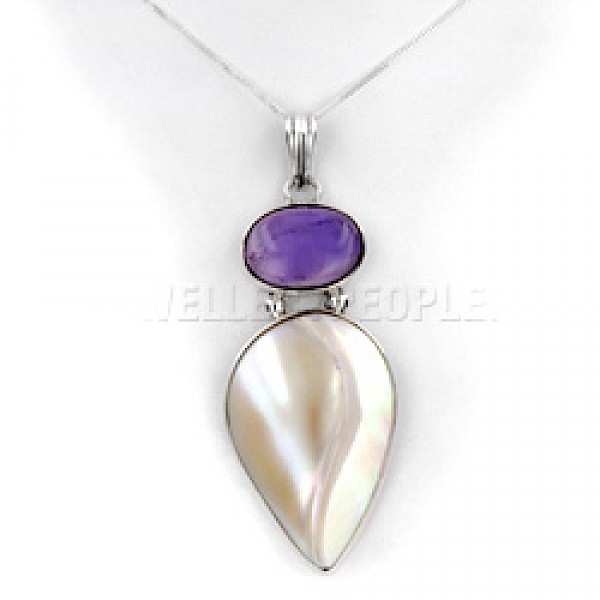 Pealised Shell Droplet & Amethyst Silver Pendant - SL162