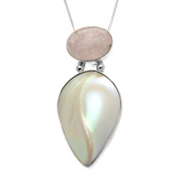 Pearlised Shell Droplet & Rose Quartz Silver Pendant - SL168