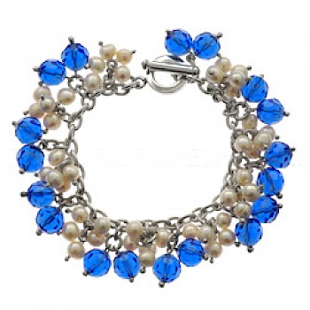 Pearl & Blue Glass Beads Silver Bracelet