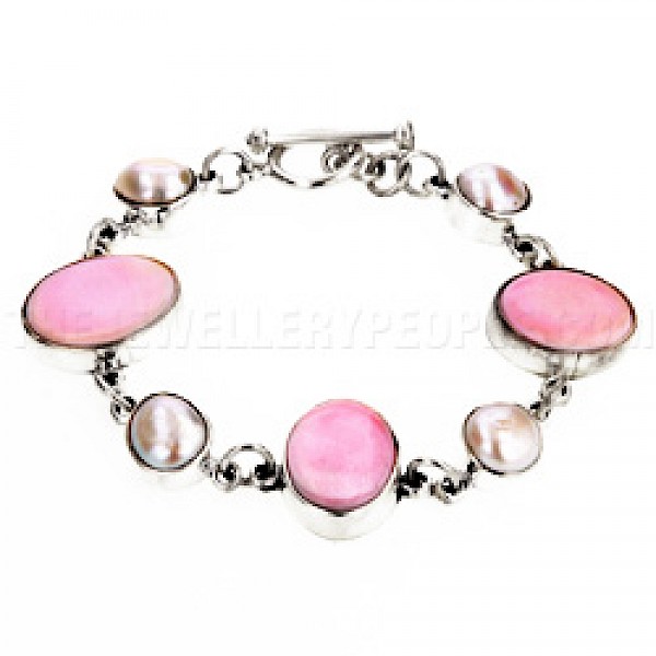 Pink Abalone Shell Ovals & Pearl Silver Bracelet - SL137