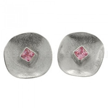 Pink Crystal Set Brushed Silver Earrings - 20mm Wide
