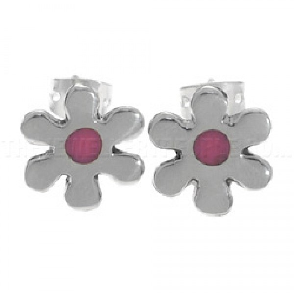 Pink Daisy Silver Stud Earrings - 13mm