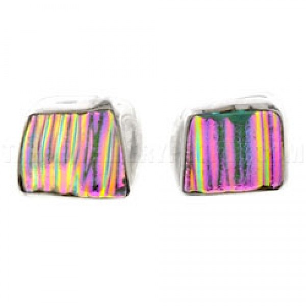 Pink Dichroic Glass & Silver Grooved Square Stud Earrings