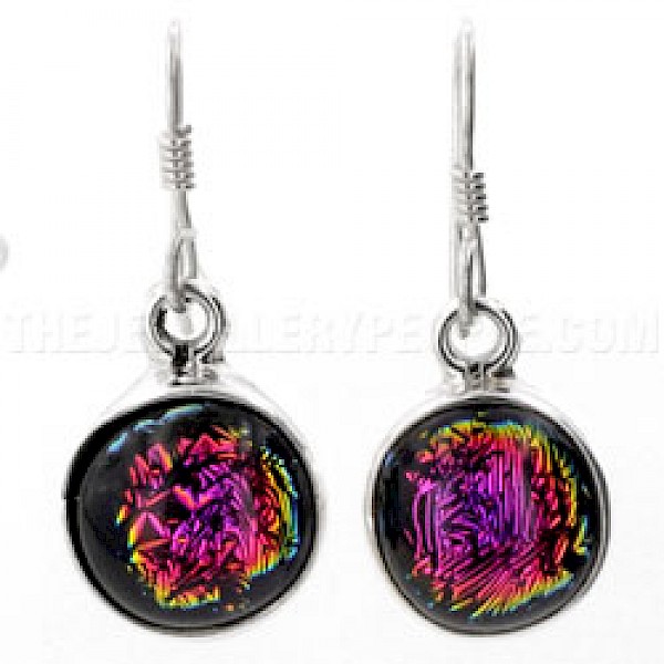 Pink Dichroic Glass & Silver Round Earrings
