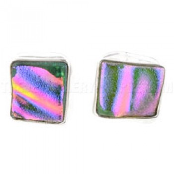 Pink Dichroic Glass & Silver Square Stud Earrings