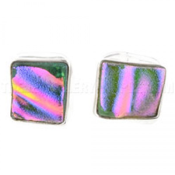 Pink Dichroic Glass & Silver Square Stud Earrings