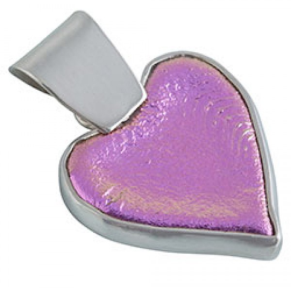 Pink Dichroic Glass Silver Heart Pendant - DC005