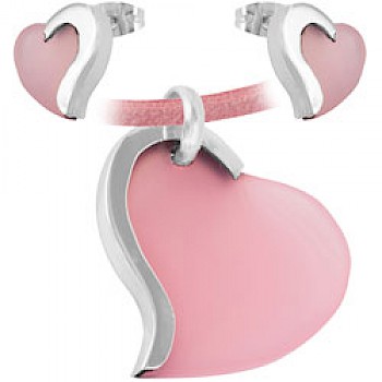 Pink Heart Earrings & Suede Necklace Set