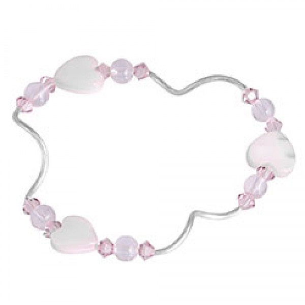 Pink Heart Glass Bead Silver Tubes Bracelet