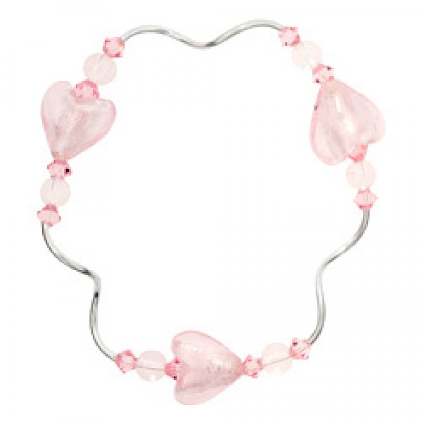Pink Heart Glass Beads & Silver Bracelet