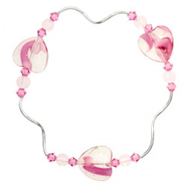 Pink Heart Glass Beads & Silver Tubes Bracelet