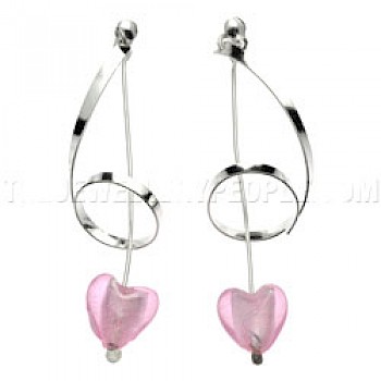 Pink Hearts & Curls Silver Earrings - 60mm Long