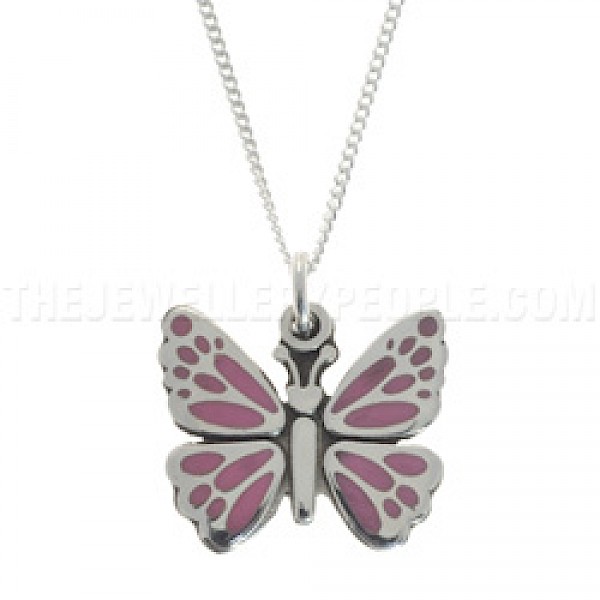 Pink Inset Butterfly Silver Pendant