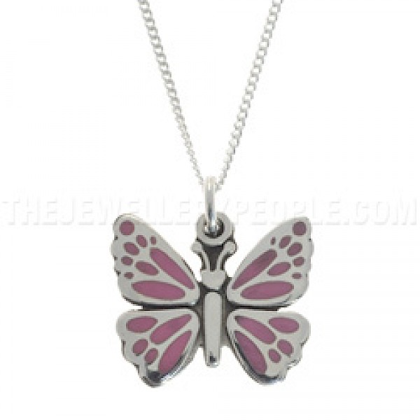 Pink Inset Butterfly Silver Pendant - PT220