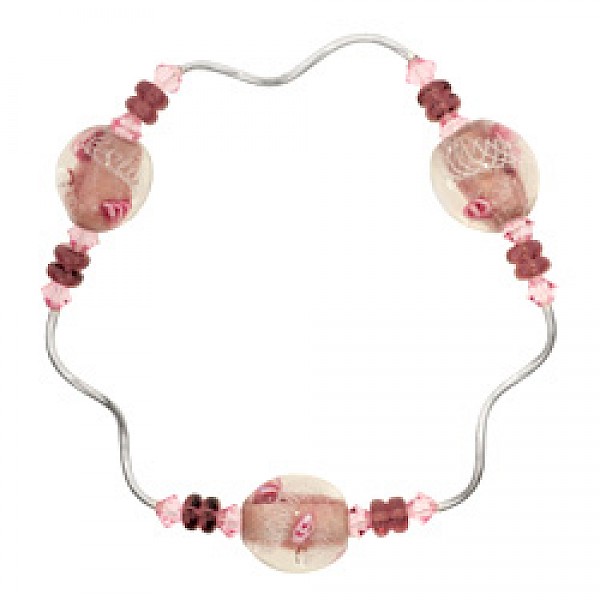 Pink Rose Glass Beads & Silver Tubes Bracelet