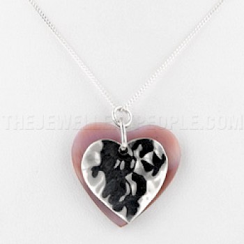 Pink Shell & Hammered Silver Heart Pendant - 25mm