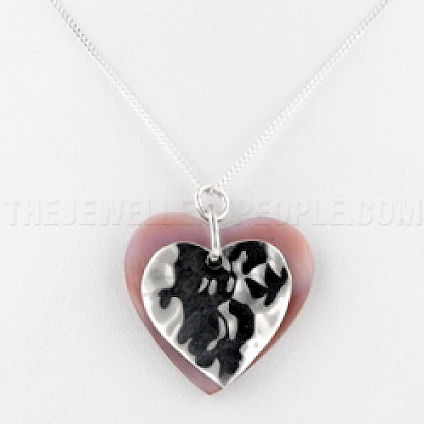 Pink Shell & Hammered Silver Heart Pendant - 25mm - PT464