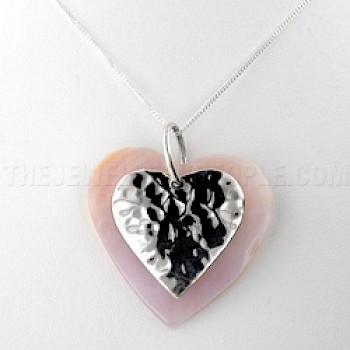 Pink Shell & Hammered Silver Heart Pendant - 40mm - PT465