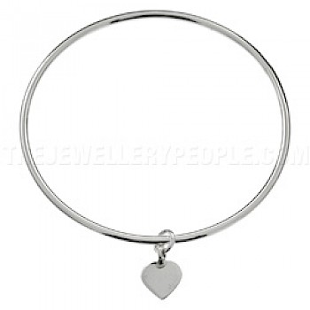 Polished Heart Charm Silver Bangle - 2mm Solid