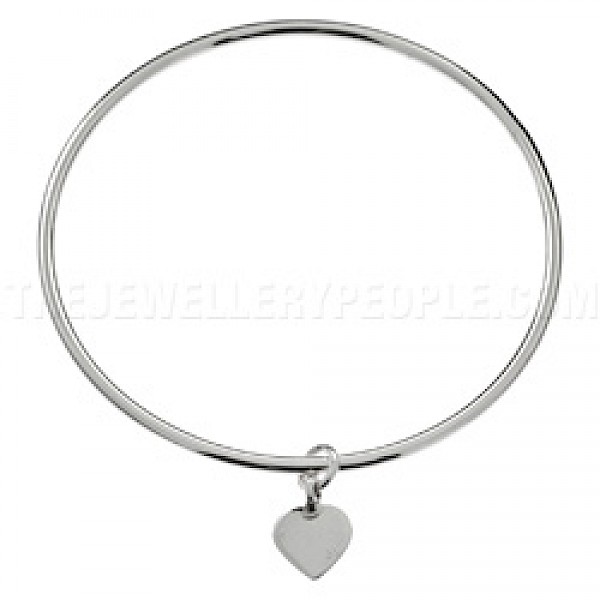 Polished Heart Charm Silver Bangle - SB203