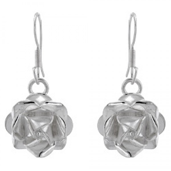 Polished Silver Rose Drop Earrings - 15mm Wide