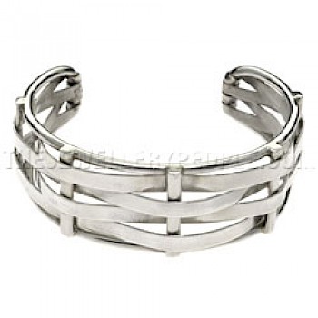 Polished Woven Bar Open Silver Bangle - 25mm Wide